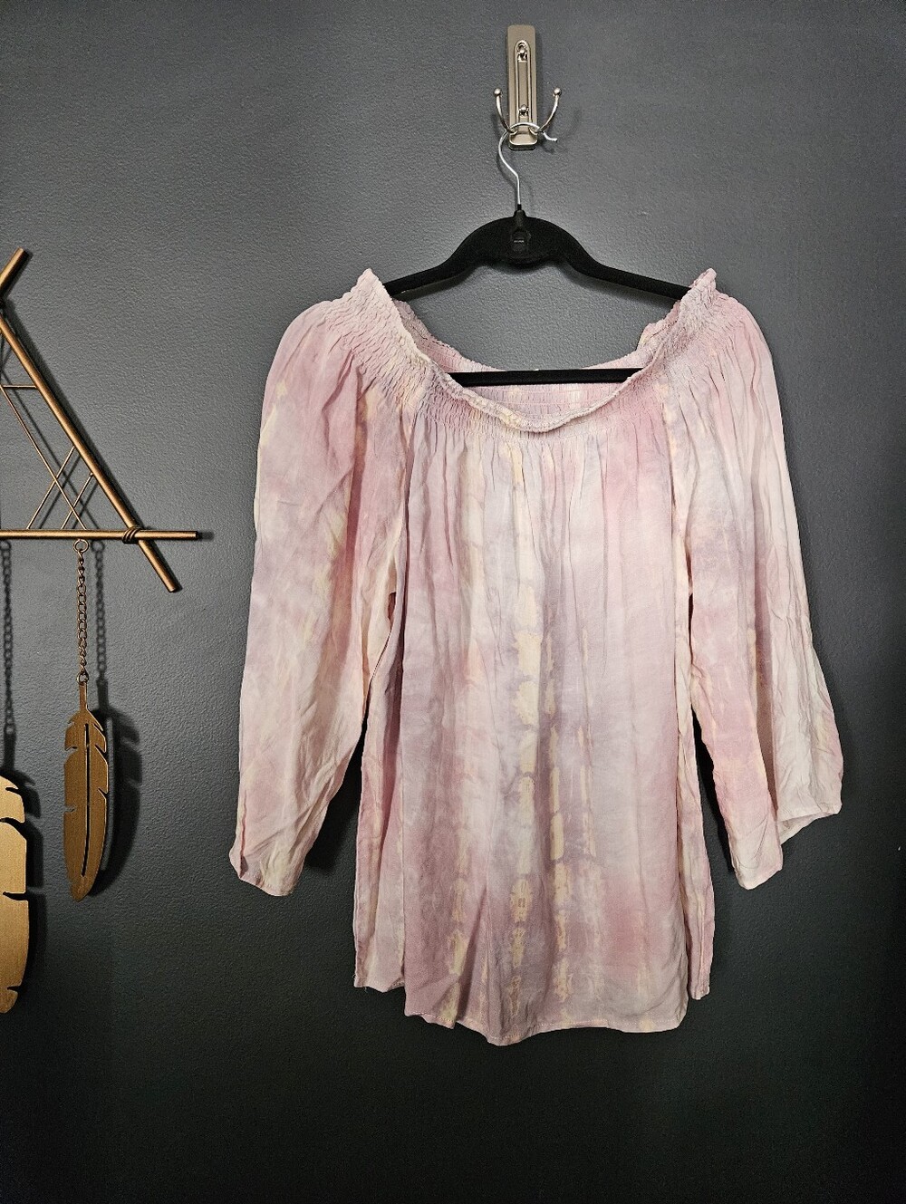 Lovestitch Womens L Pink Tie Dye Peasant Blouse Off Shoulder Boho Rayon Top